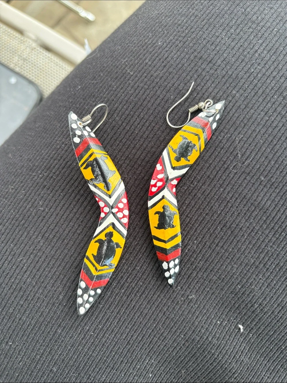 Hand-Painted Turtle Motif Curved Drop Earrings - Yellow, Red, Black